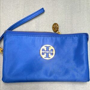 Tory Burch Bright Blue Corner Zip Wristlet with Logo